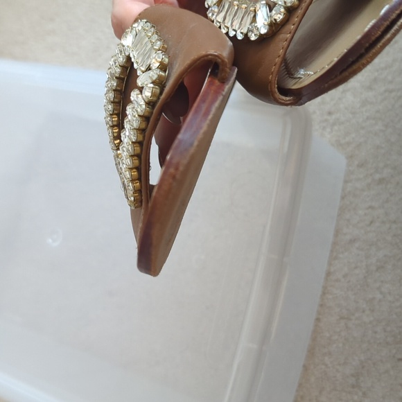 Mystique Boutique Rhinestone Buckle Slide Sandals Tan Brown Leather - Picture 8 of 8